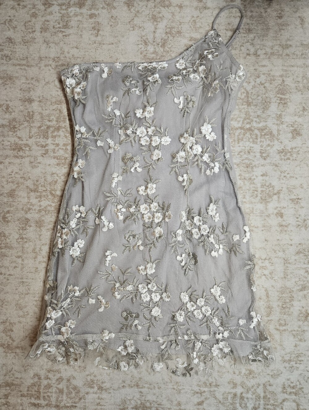 Lucy in the Sky One-Shoulder Embroidered Floral Mesh Dress in Gray and Cream